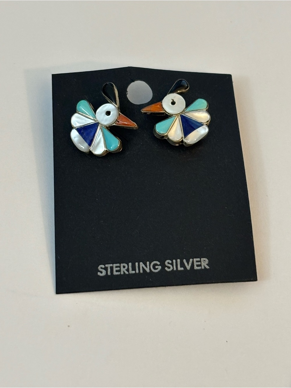 Zuni Native American sterling silver inlay bird earrings
